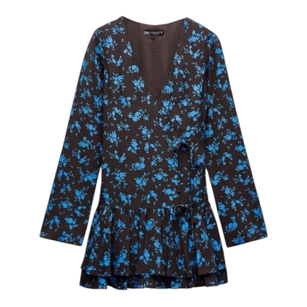 💙 ZARA Brown & Blue Floral V-Neck Ruffle Hem Dress – Size S | New with Tags